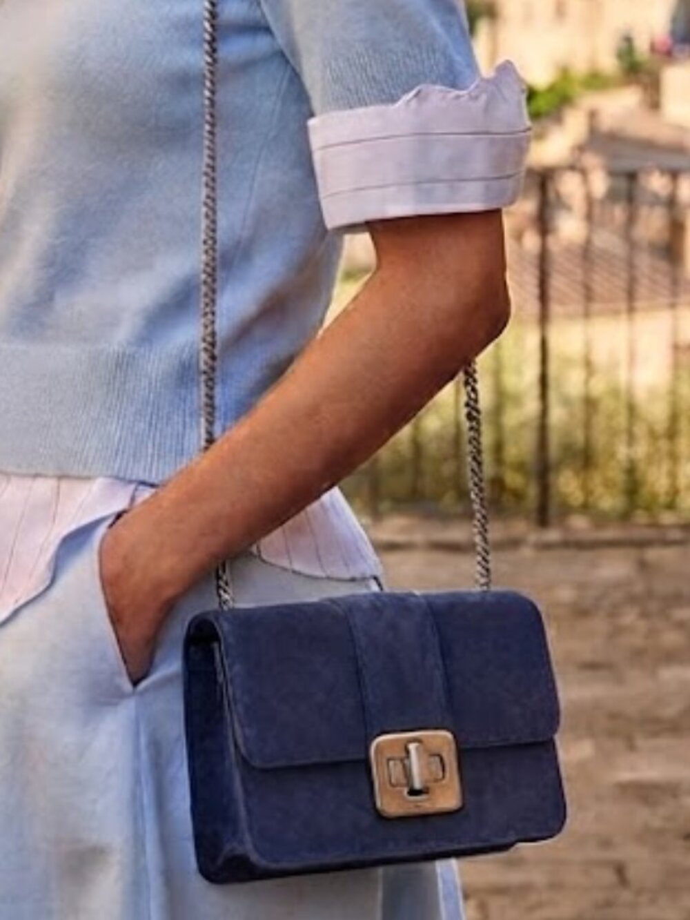 kate spade Blue Suede Crossbody with Silver Hardware